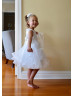 Beaded White Lace Tulle Flower Girl Dress With Horsehair Bands